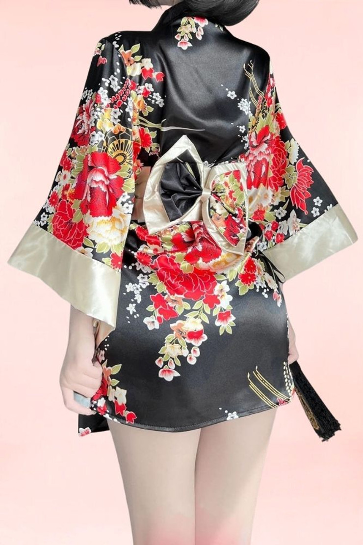 Aiko Black Satin Japanese Kimono Robe Lingerie
