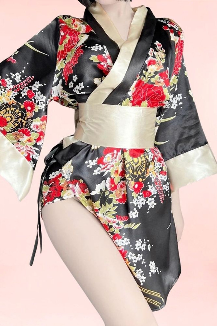 Aiko Black Satin Japanese Kimono Robe Lingerie