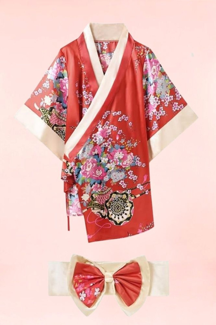 Aiko Red Satin Japanese Kimono Robe Lingerie