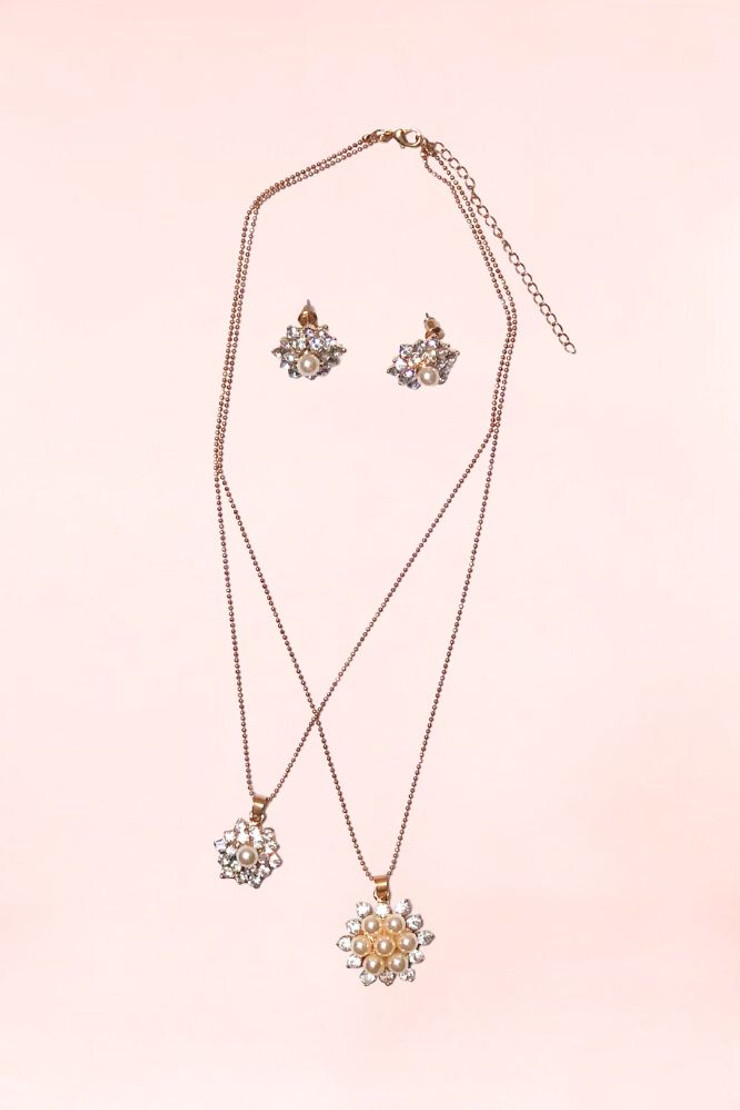 Faux pearl Stud Double Necklace Earrings Jewelry Set.