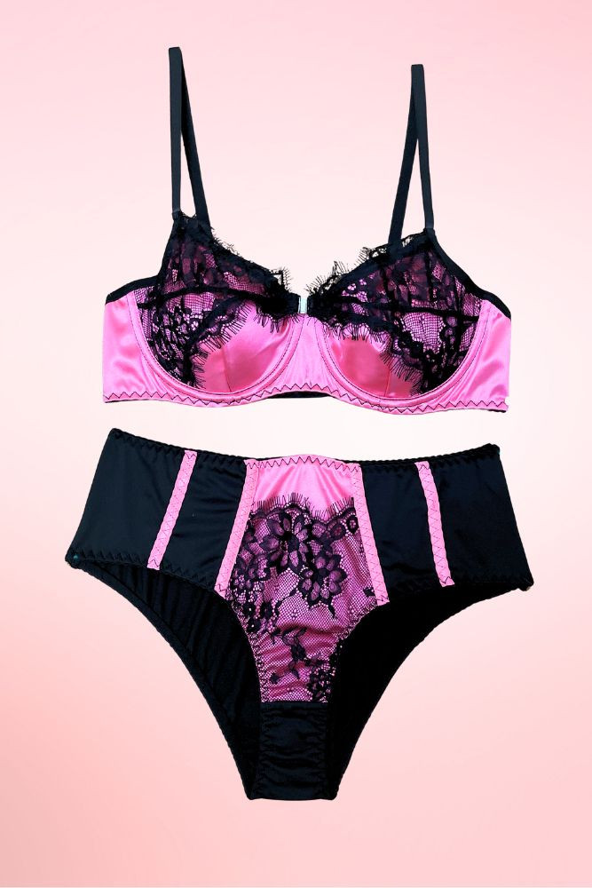 Sugar Sue Hot Pink Satin Bra and High Waist Panty.