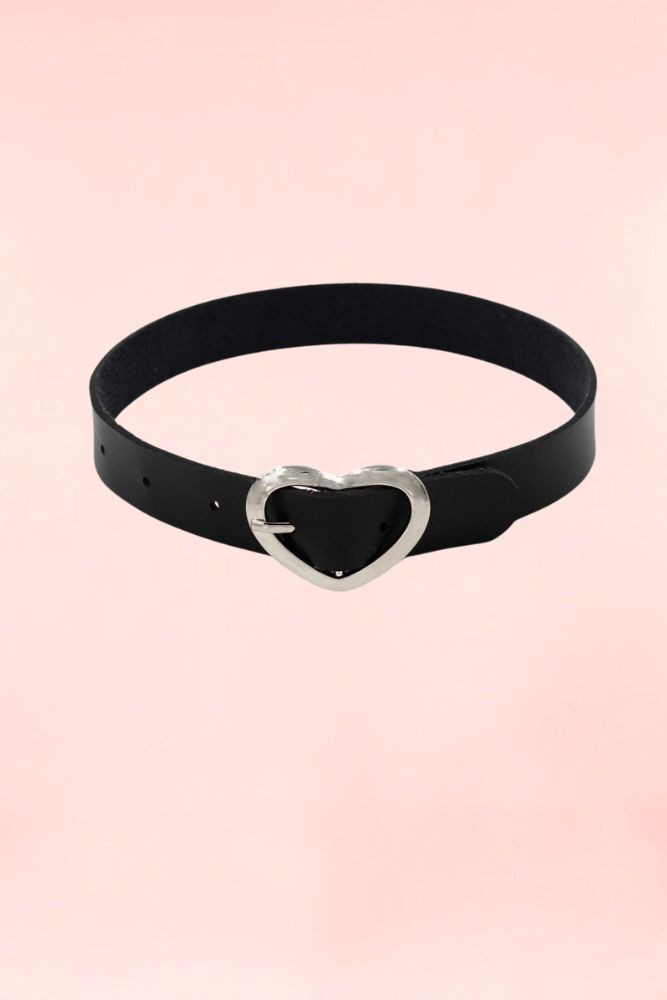 Black Pleather Choker Heart Buckle .
