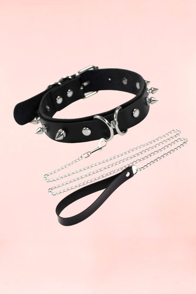 Black Spike Pleather Choker with Leash.