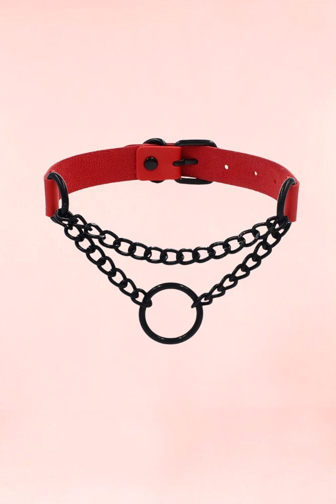 Red Pleather Choker with Oring Chain.