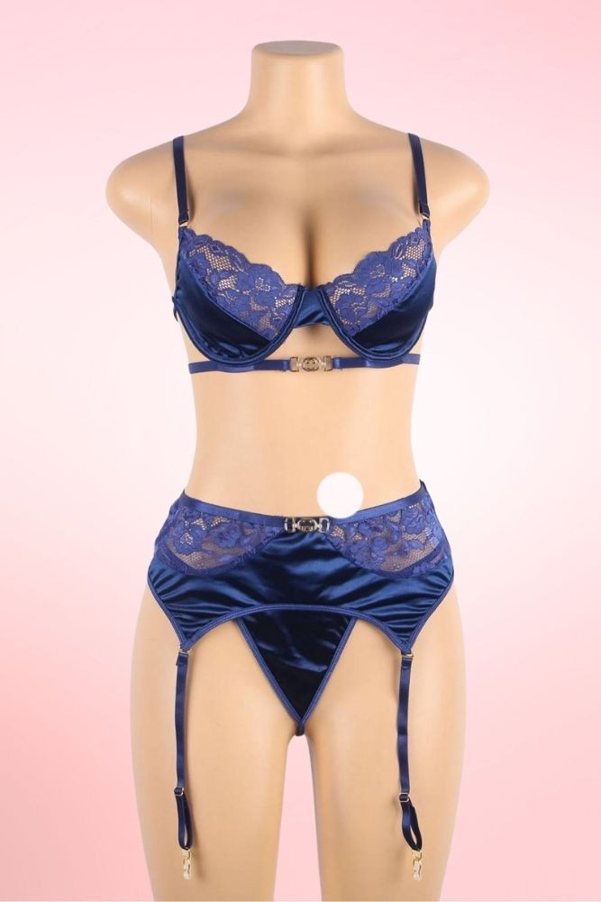 Girona Blue Satin Plus Size Bra Garter Lingerie Set