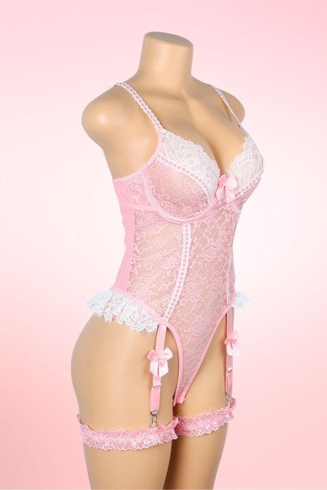 Claire Pink Lace Garter Teddy