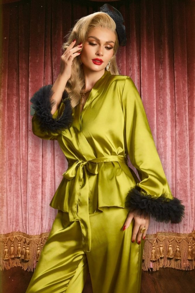 Thelma Green Satin Feather Trim Pajama Set