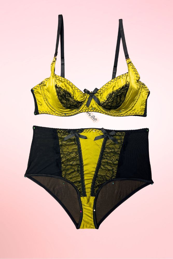 Roxy Retro Olive Satin Bra and High Waist Panty Set.