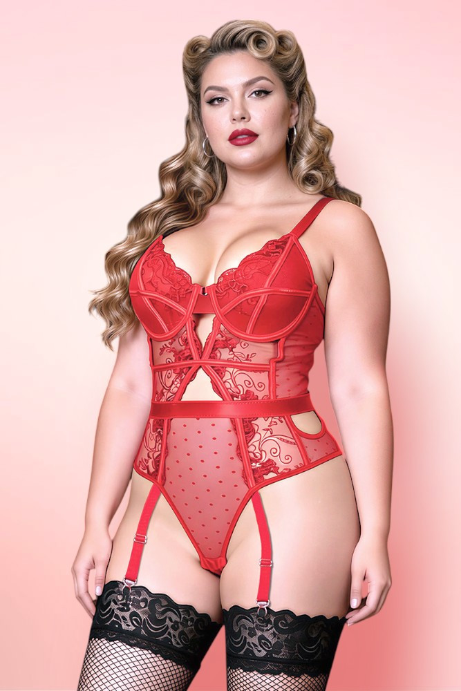 Denise Red Plus Size Teddy with Garters.