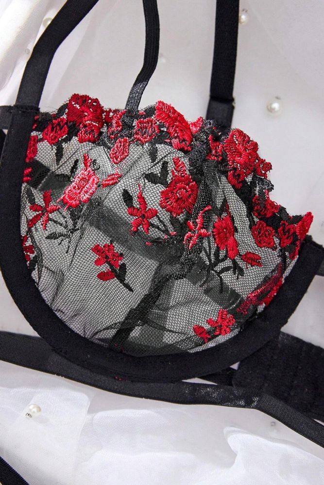 Rosie Floral Embroidered Black Lingerie Set