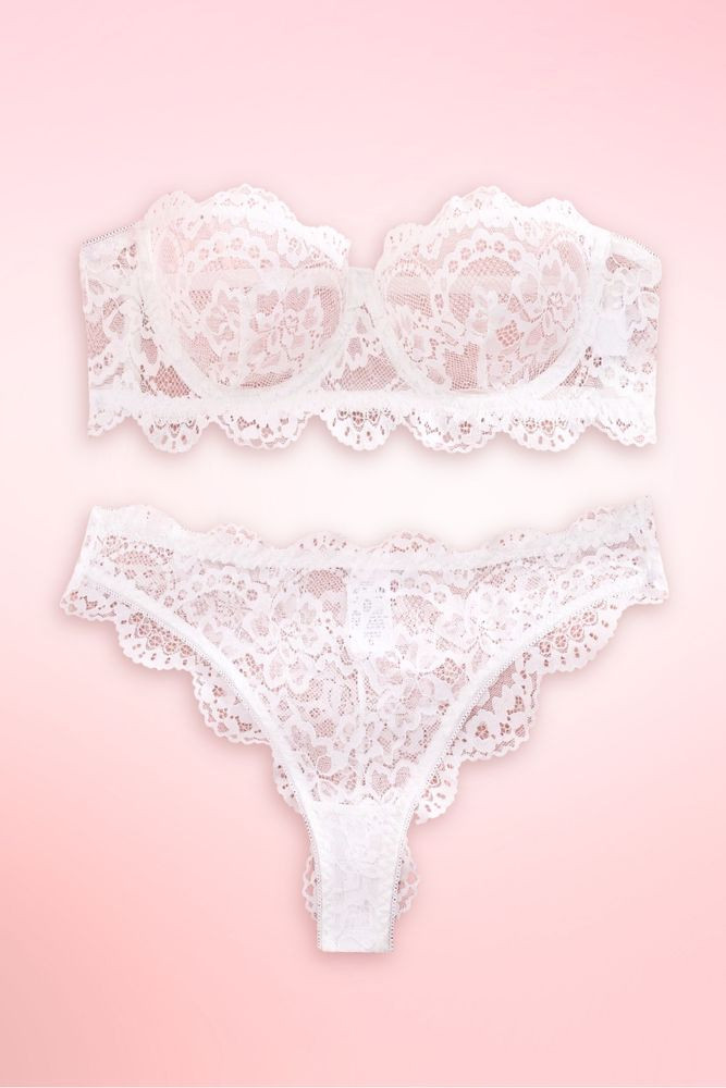 white lace strapless bra and panty set.