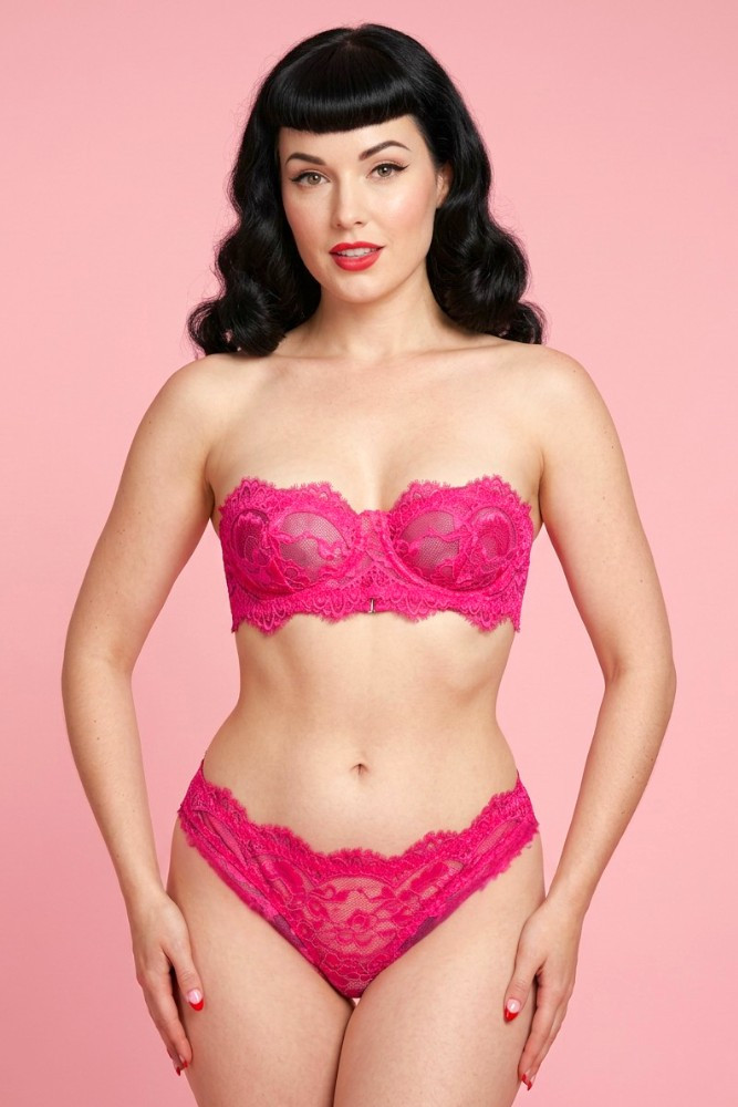 Hot pink lace strapless balconette bra and panty set.