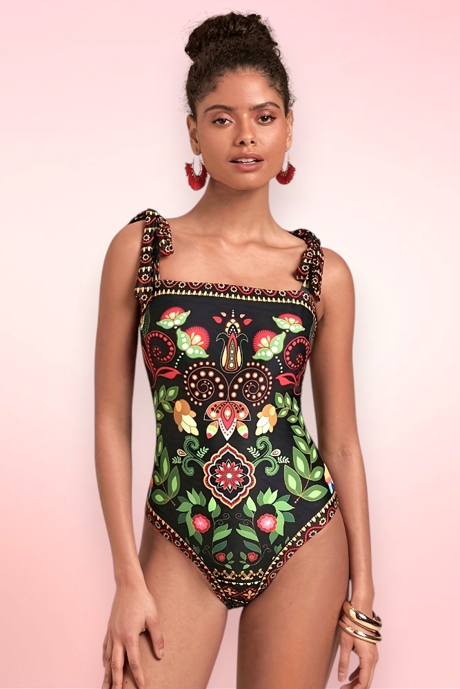 Portofino Black Floral Tankini Two Piece Swimsuit