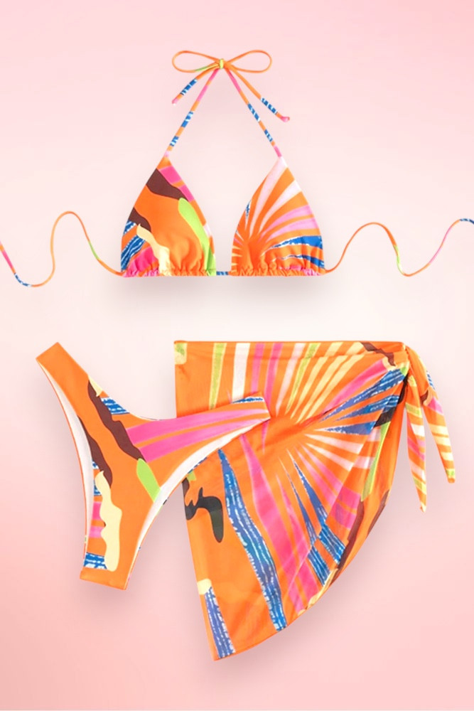 Orange 3 piece Swimsuit with Sarong skirt.