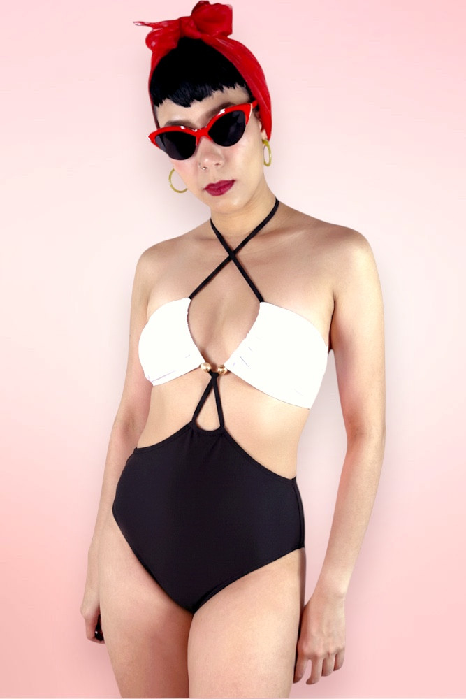 Hanalei White and Black Monokini One Piece Swimsuit.