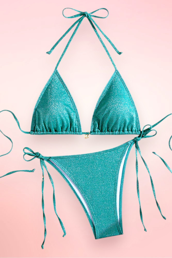 Teal Blue Glitter Triangle Two Piece Swimsuit Tie Side Bikini.