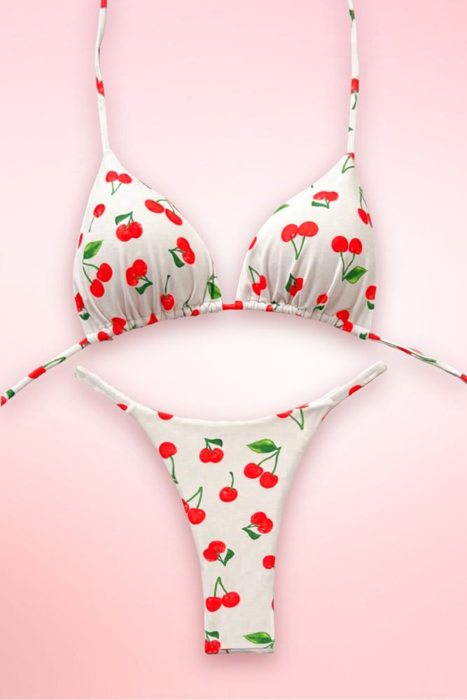 Cherry Print Two Piece Swimsuit Thong Bikini 