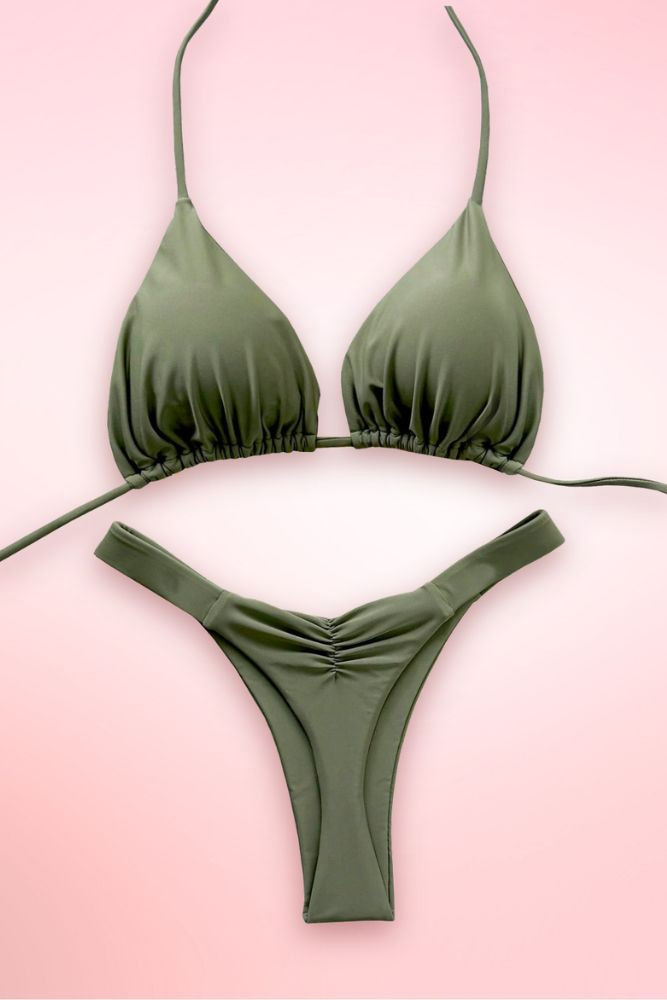 Plain Olive Green Two Piece Swimsuit Thong Bikini