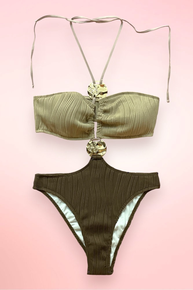 Havana Beige Brown Monokini Halter One Piece Swimsuit
