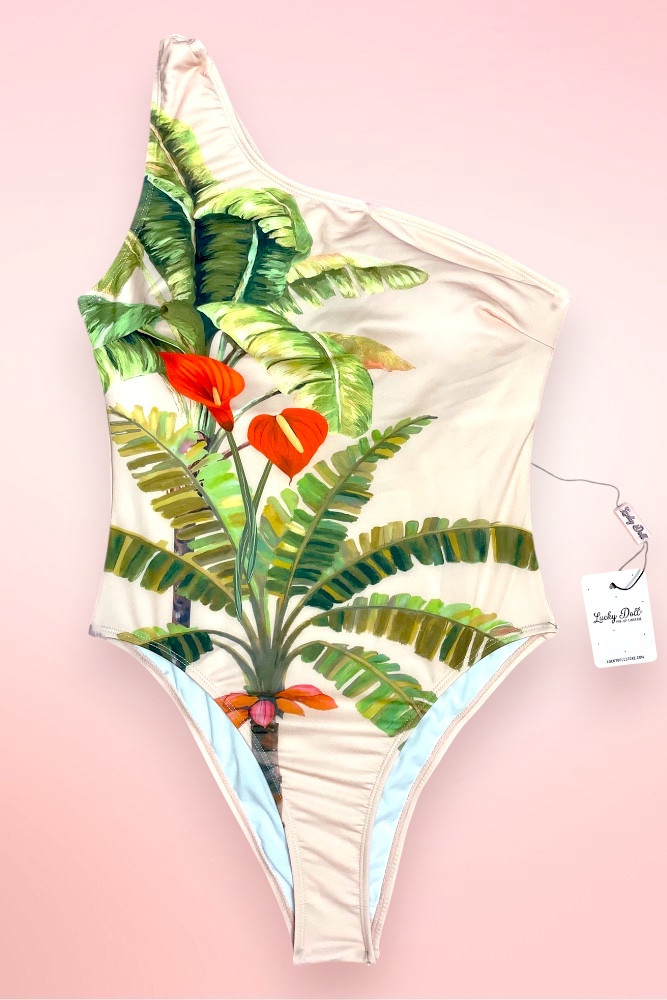 Melides Pink Tropical Print One Shoulder One Piece Swimsuit