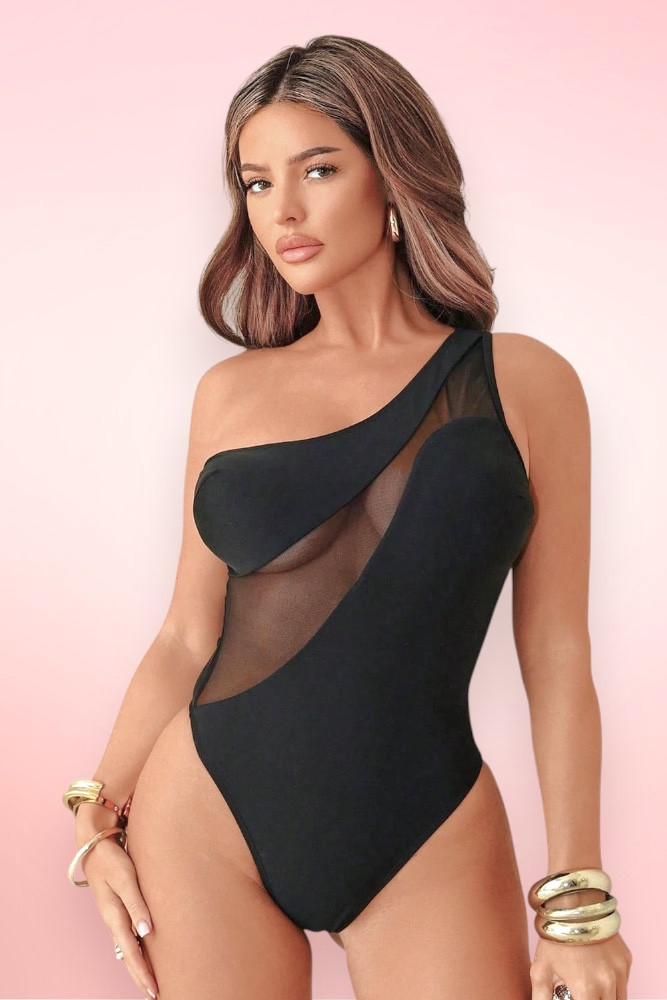 Black  Mesh One Shoulder One Piece Swimsuit.