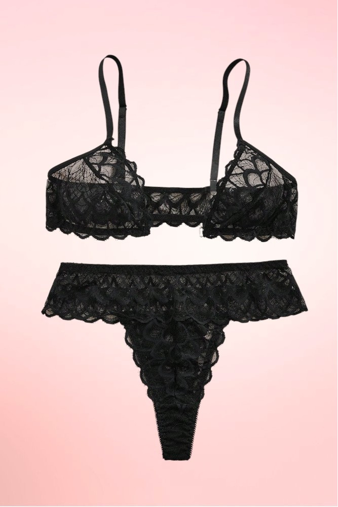 Ellie Black Scallop Lace Front Closure Bra Set 