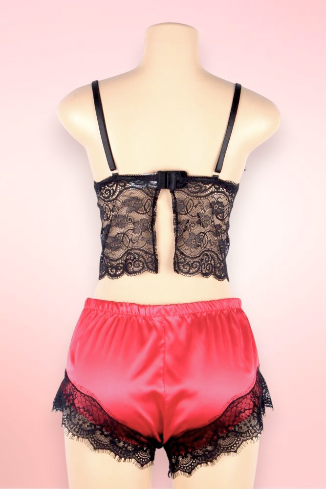 Mari Black Lace Camisole Red Satin Shorts Pajama Set