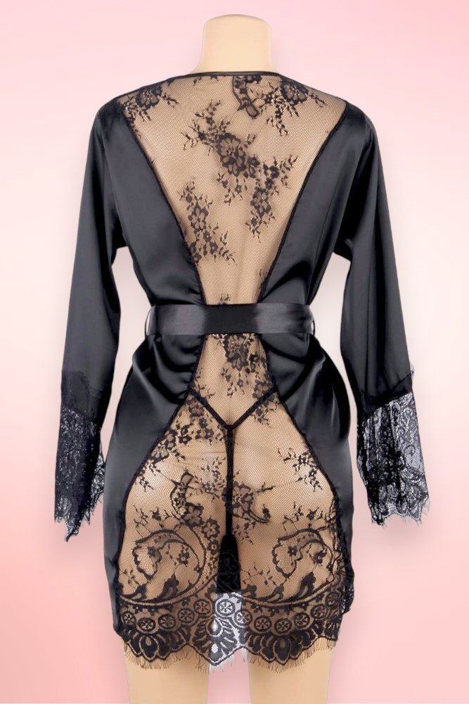 Gwynette Black Satin Lace Plus Size Robe Lingerie