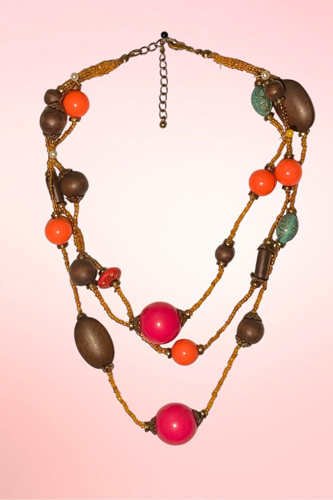 Tiki Multi Strand Wood Beaded Necklace