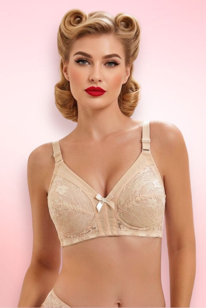 Nude vintage lace bra with satin bow detail, plus size full coverage bra with adjustable straps for curvy women