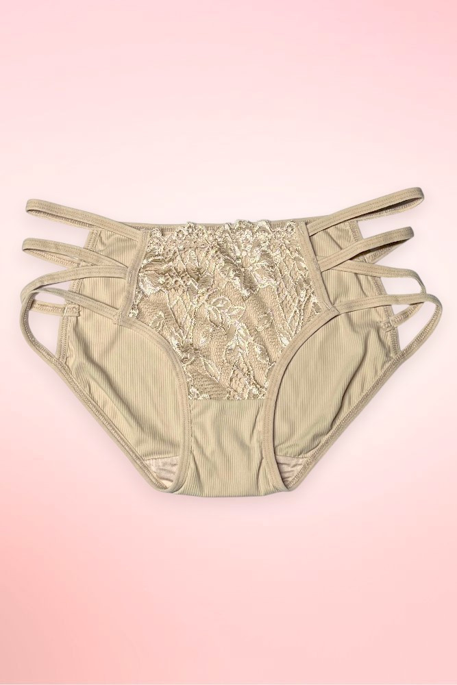 Beige strappy lace hipster panty.