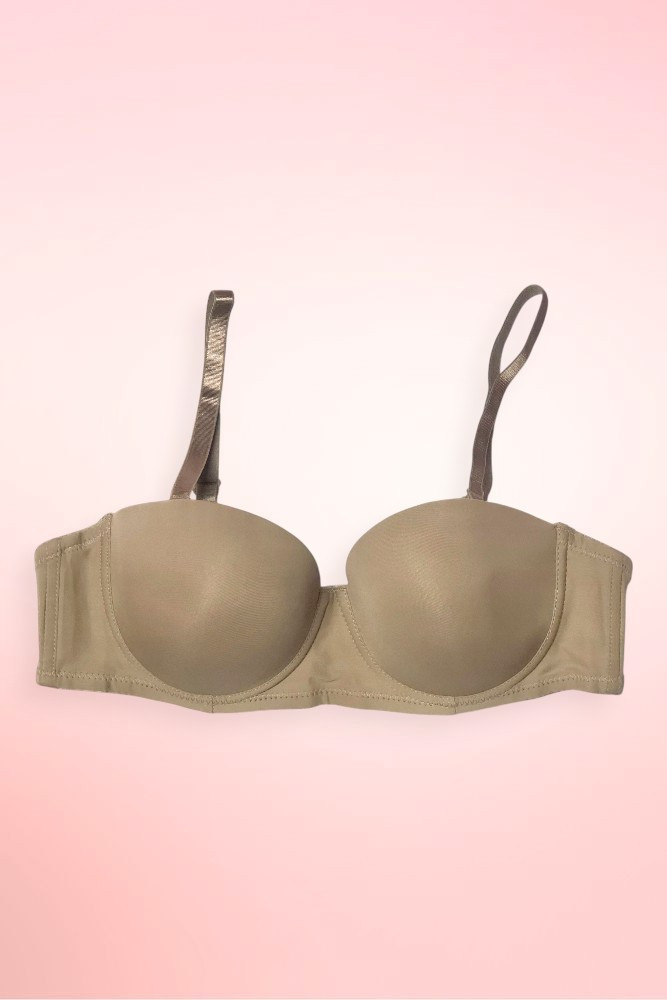 Mocha seamless strapless push-up bra with detachable straps.