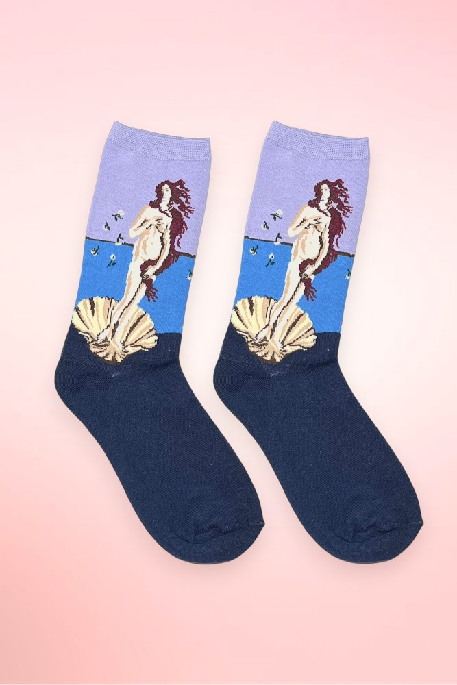Full-color Botticelli painting print on lavender and navy crew socks.