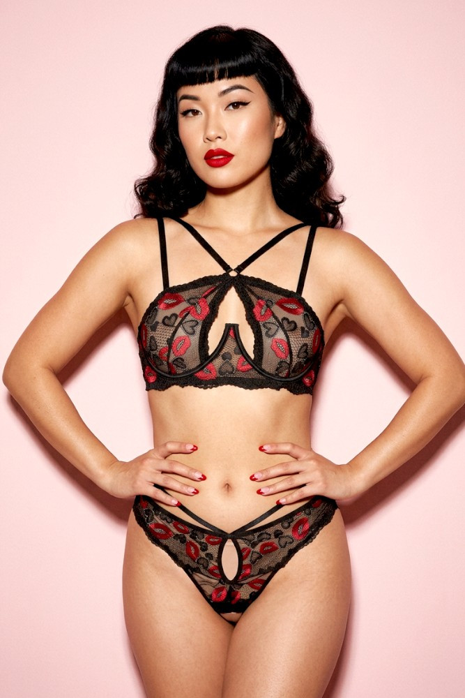Misha Kiss print Open Cup Bra and panty Set.