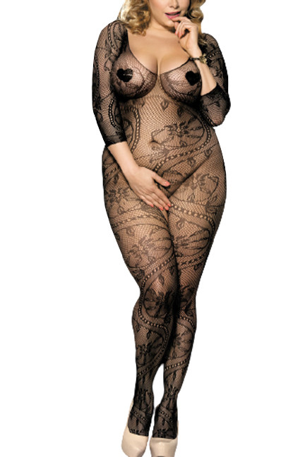 Black Paisley Off Shoulder Fishnet  Full Body Stockings Plus Size