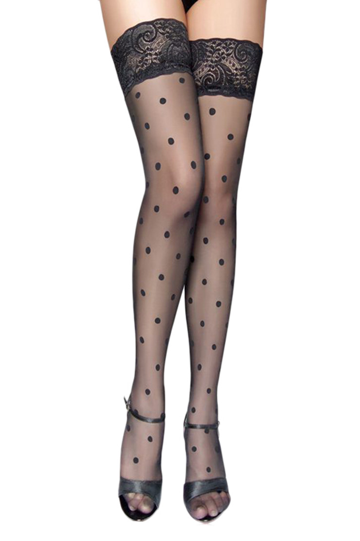 Black LaceTop Pin-up Polkadotted Sheer Thigh Stockings