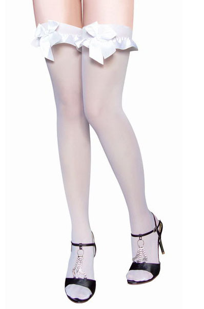 Deluxe White Satin Ruffle Top sheer Thigh High Stockings