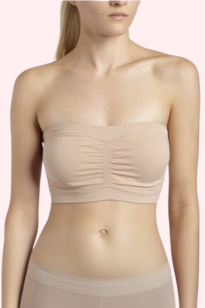 Beige Tube bra with built in pads  worn by a model front view 