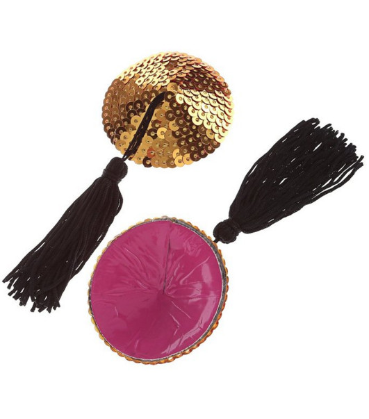 Gold Sequin Black Tassel Reusable Adhesive Burlesque Nipple Pasties