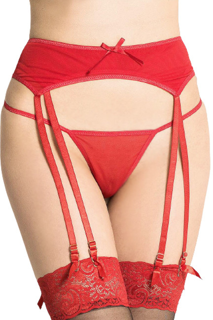 Red Mesh Double Layer Garter Belt Thong Lingerie Set