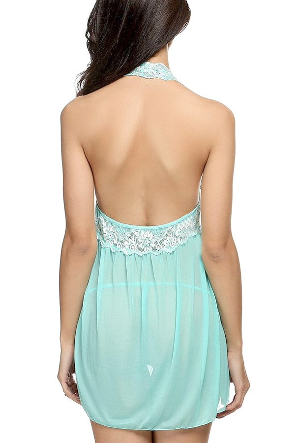Mint Ada Embroidered Halter Lace Babydoll