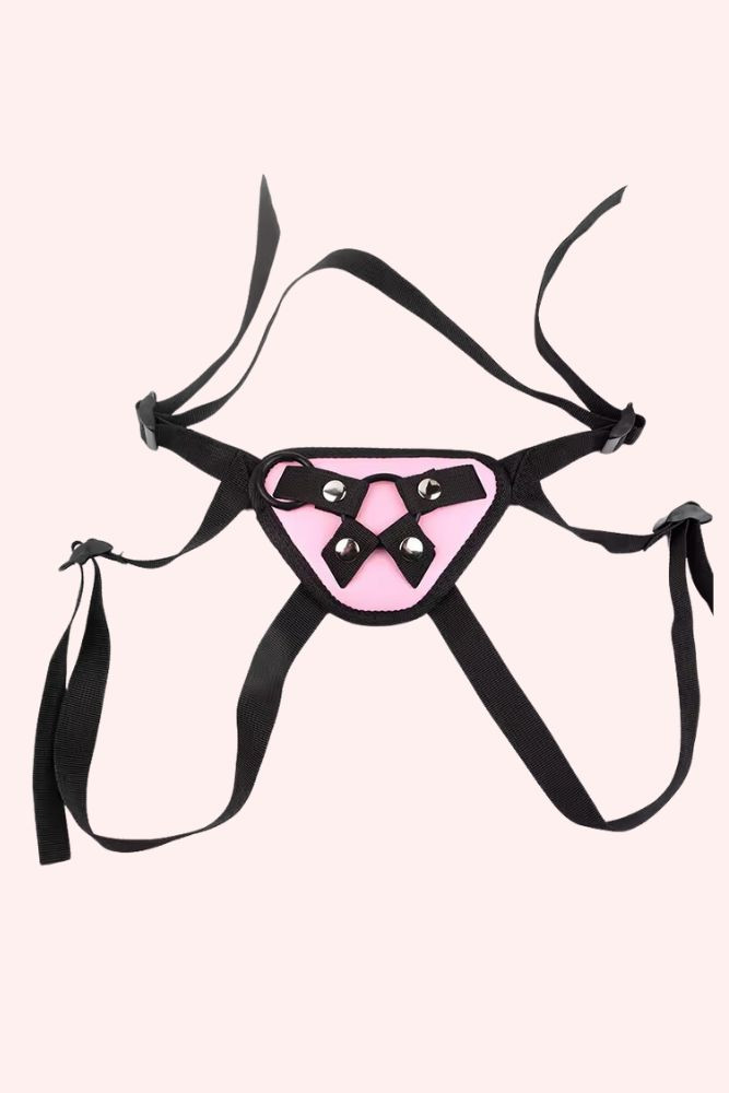 pink strap on harness with straps with straps spread out