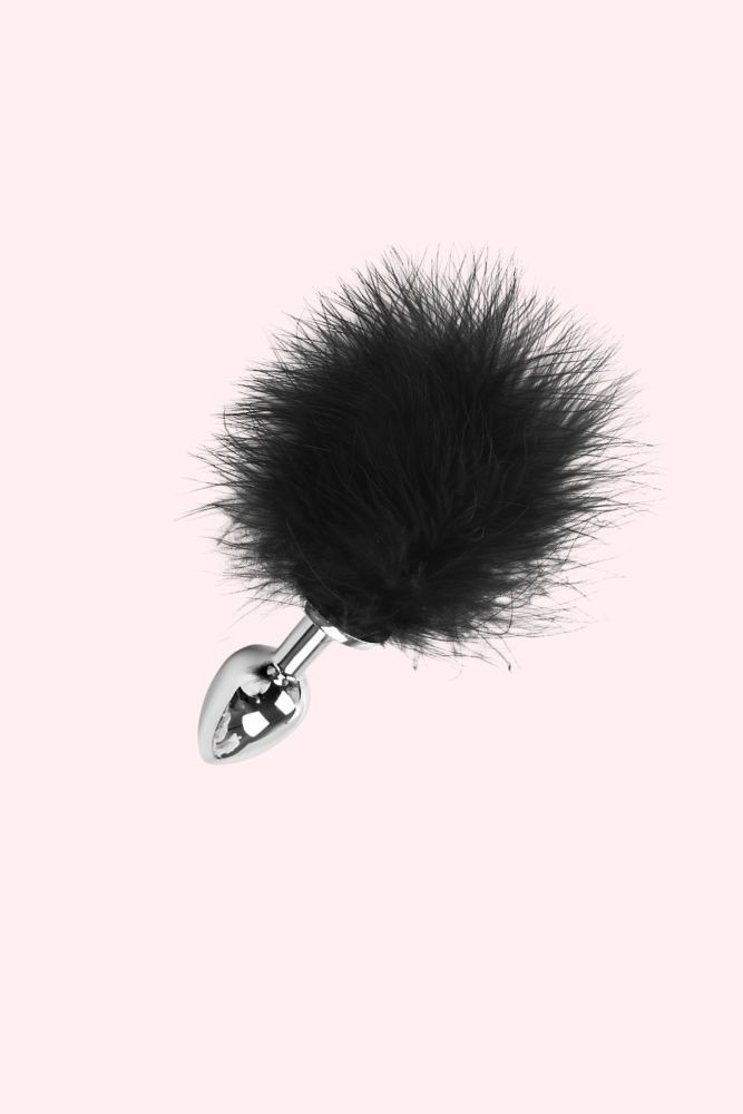 Stainless Steel anal Plug with Black Marabou fluffy feather actual product photo in an alternate angle