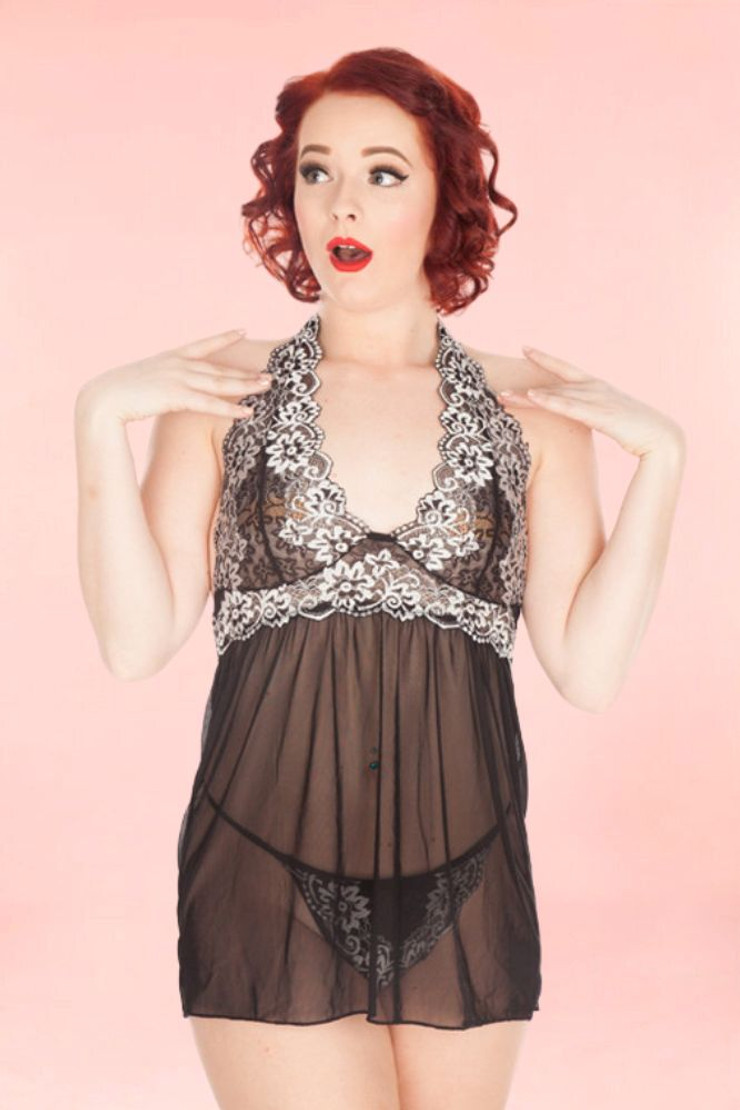 Back Ada Halter Babydoll Nightie Lingerie  worn by a model front view 