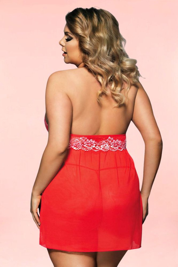 Ada Red Plus Size Nighties Babydoll Lingerie  worn by a model back view 