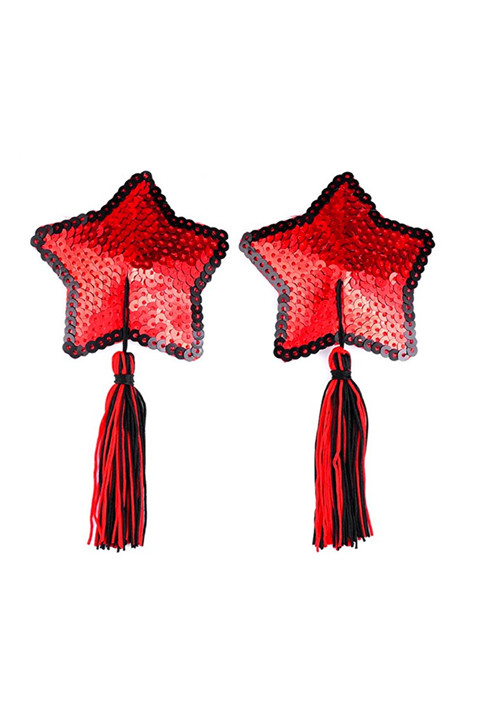 Red Star Sequin Black Tassel Reusable Burlesque Nipple Pasties