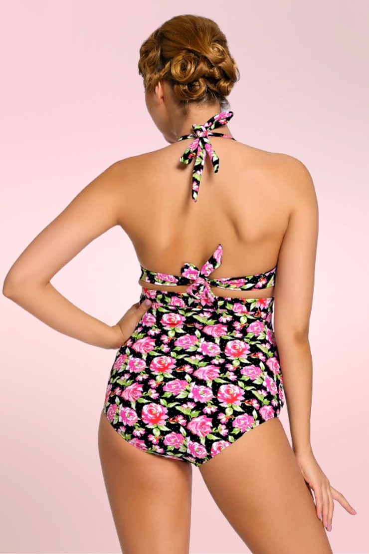 Retro Floral Print Tiki Halter  Two Piece High Waisted Swimsuit  worn by a model back view 