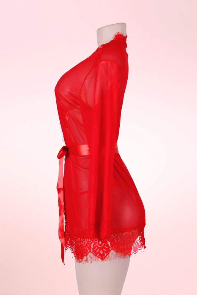 Carol  Plus Size Red Robe Sheer Kimono Dressing gown with Eyelash lace trim actual product picture on a mannequin side view 