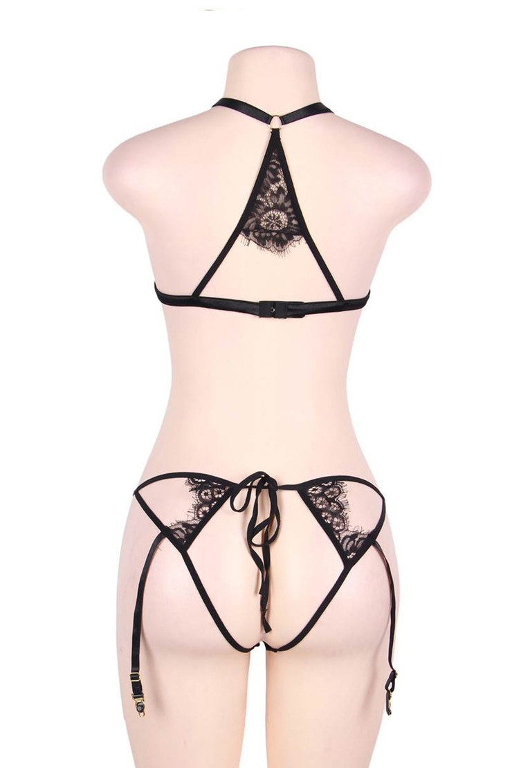 Elise Black Eyelash Lace garter Teddy