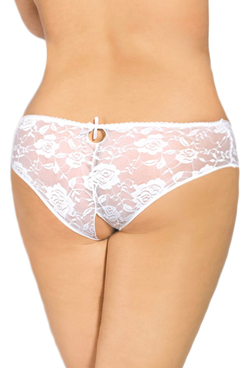 White May Lace up Floral Lace Crotchless Panty - Plus Size